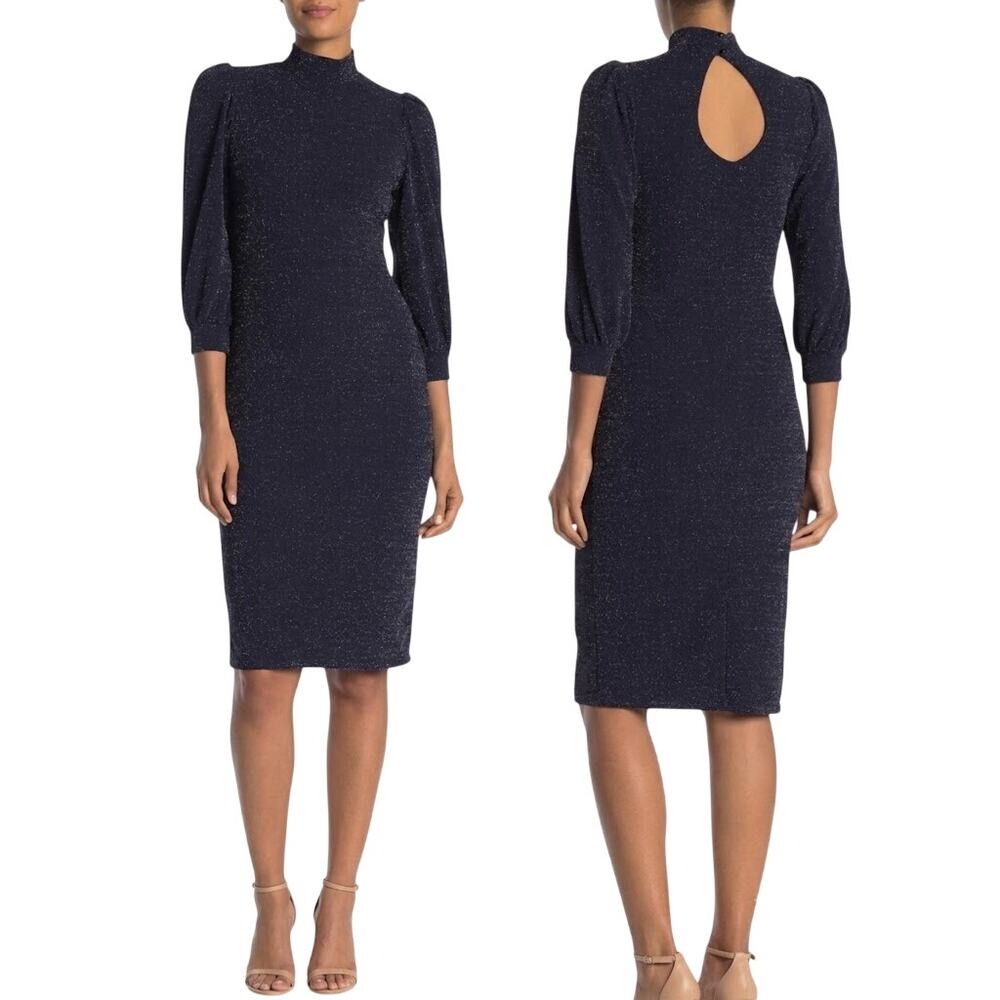 Superfoxx Navy Glitter Sparkle Midi Dress Mock Neck Keyhole Back Long Sleeve XL